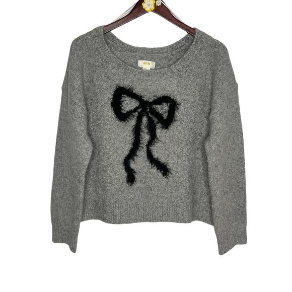 Anthropologie Maeve Bow Sweater Womens Medium Gray Novelty Metallic Sparkle - Picture 2 of 10